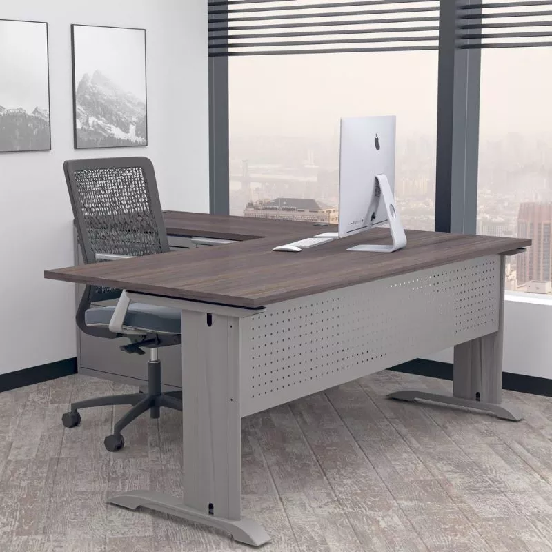 Digital Render of Indigo Series L-Shaped Laminate Desk with C-Legs