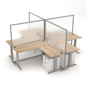 Render of Four Person Freestanding Polycarbonate Office Partitions with Sit-to-Stand Desks/File Cabinets