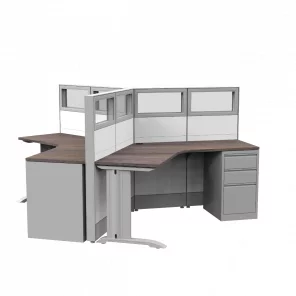 Render of 120 Degree 3-Person Workstations with Desks and Pedestal Cabinets