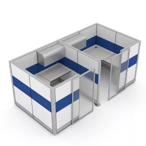 Dual Cubicle Workstations with Storage and Sliding Door