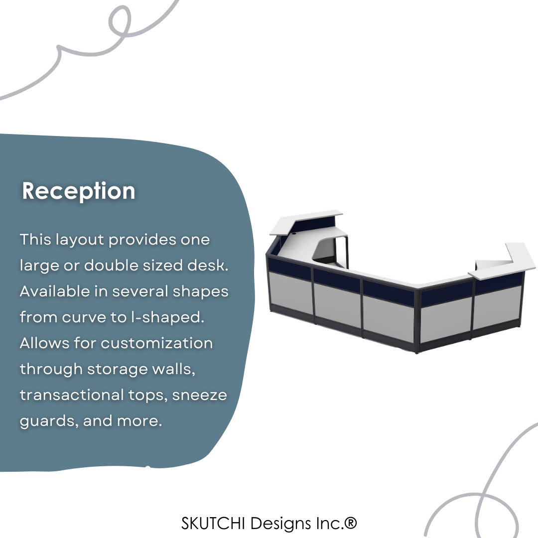 The image is a reception cubicle workstation. This is one of the different types of cubicle workstations.