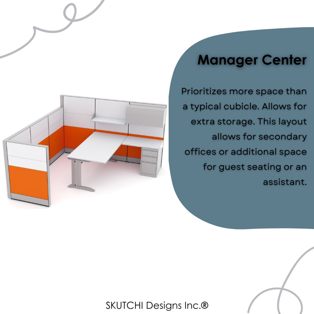 This image is a manager center cubicle workstation. This is one of the different types of cubicles.