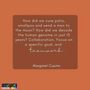 Teamwork quote that says "How did we cure polio, smallpox and send a man to the moon? How did we decode the human genome in just 13 years? Collaboration. Focus on a specific goal, and teamwork."