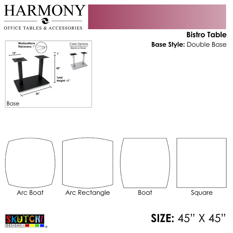 Harmony Series Double Base and 45x45 Table Top Diagram
