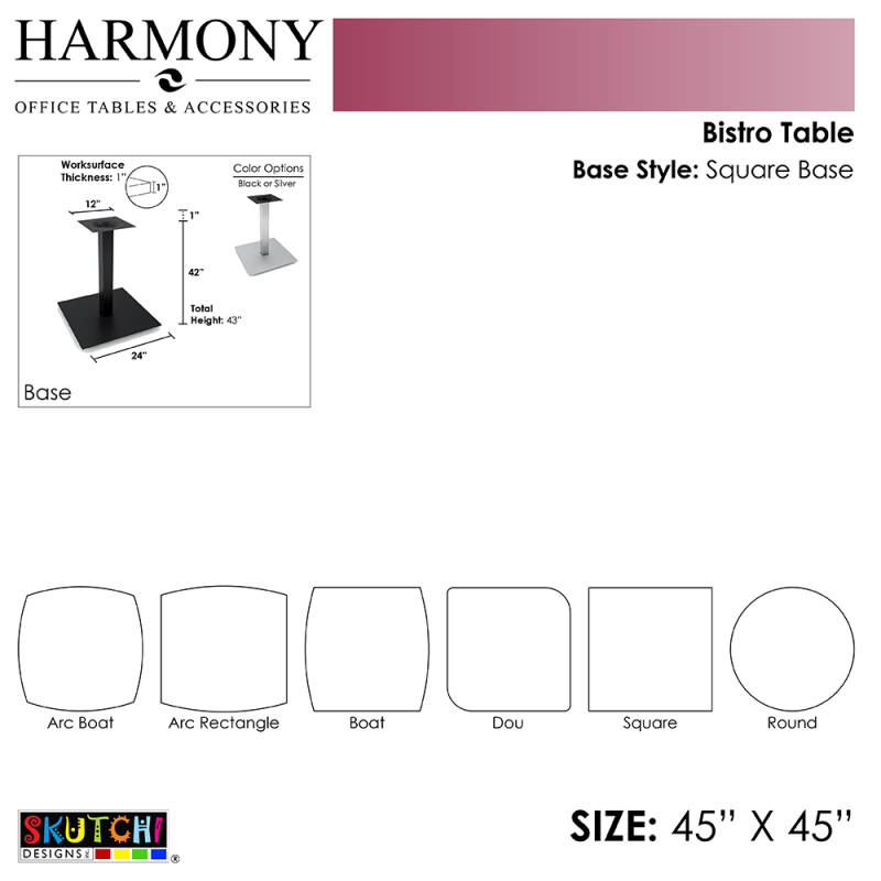 Harmony Series Square Base and 45x45 Table Top Diagram