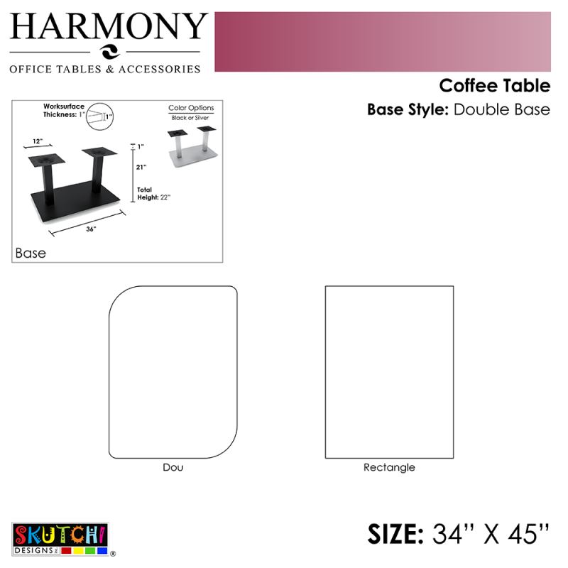 Harmony Series Double Base and 34x45 Table Top Diagram