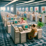 office space rendering of a typical office layout in the 1980s