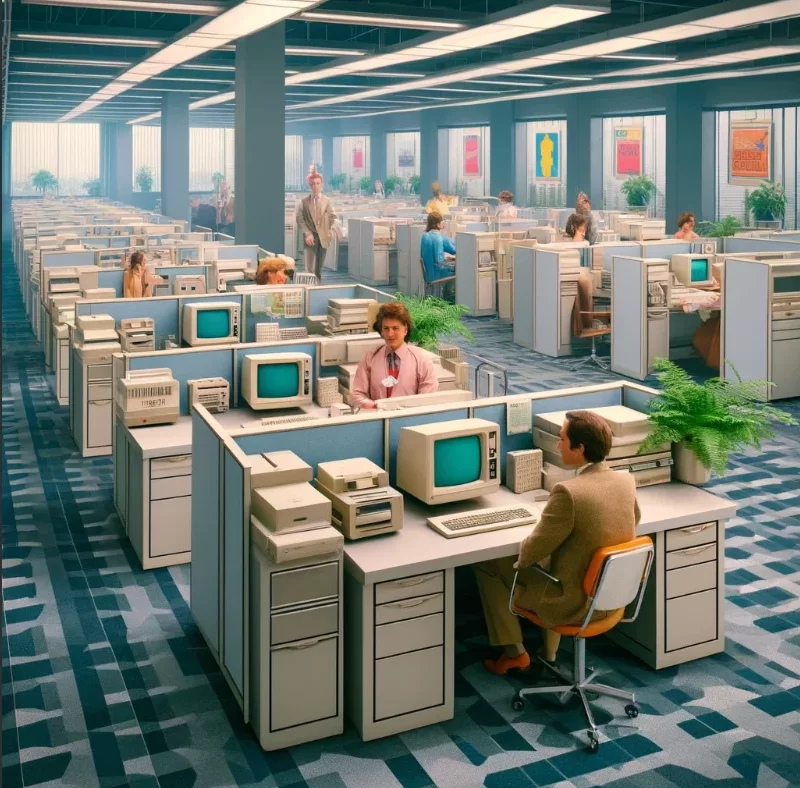 office space rendering of a typical office layout in the 1980s