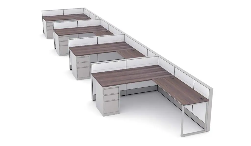 A Call Center Cubicle consisting of four connected workstations, each with an l-shaped worksurface and a filing cabinet underneath.