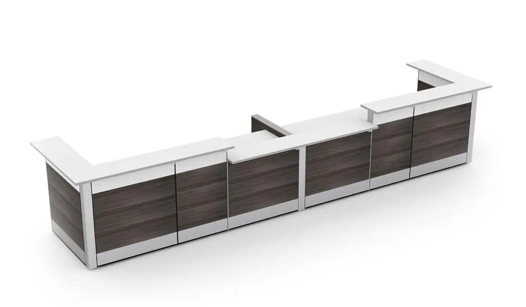 A 2-person reception desk with transaction shelves and file storage