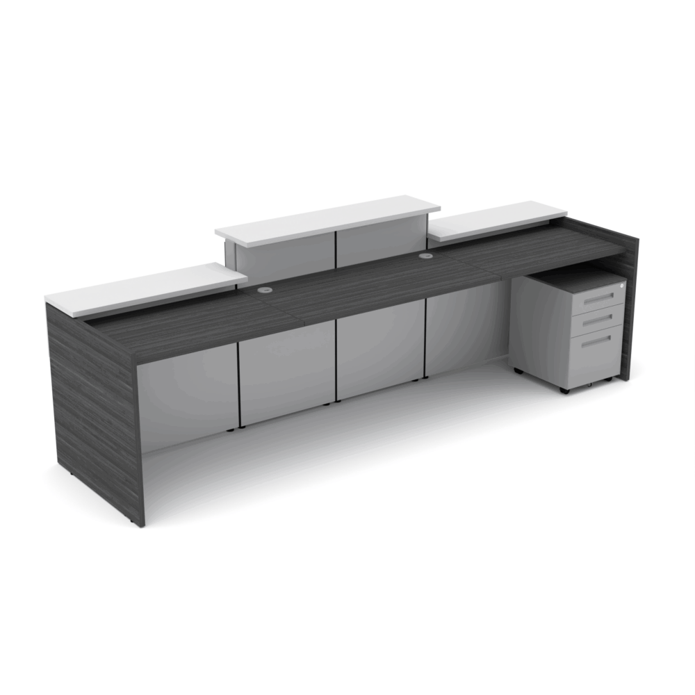 SOL-GP-SAPC-REC-3x10x39-32-SC2-1.png Office reception desk with straight design and dual transaction tops from the Sol Series by SKUTCHI Designs Inc.