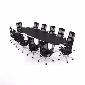 12 Person Conference Room Set | 12' Arc Boat Shaped Conference Table With Black Mesh Chairs Bundle