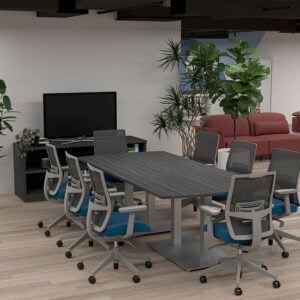 8 Person Conference Room Setup | 8' Arc Rectangle Conference Table | Open Shelf Credenza