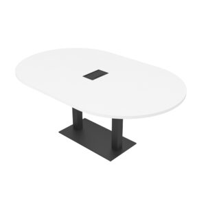 Harmony Series 6 Person Racetrack Conference Table with Matte Black Double base | 6'x4' Conference Table In White Laminate With Power And Data | Showroom Clearance