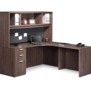 Laminate L Shape Desk With Pedestal and Open Overhead Hutch