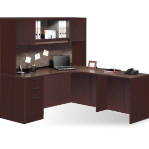 Laminate L Shape Desk With Pedestal and Overhead Hutch