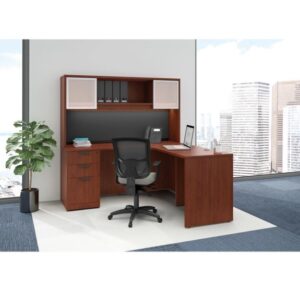 Laminate L Shape Desk With File Pedestal And Overhead Hutch With Glass Doors