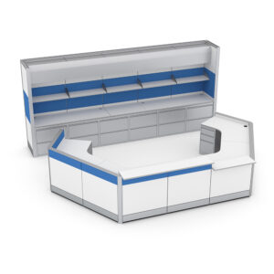 Freestanding U-Shaped Reception Area With Storage Wall | ADA Compliant | Sapphire Cubicle And Sapphire Wall System | 8x15x39H-32H