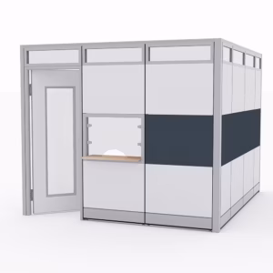 Cubicle Reception Office with Transaction Window and Locking Door | Sapphire Wall System | 9 x 10 x 95"H