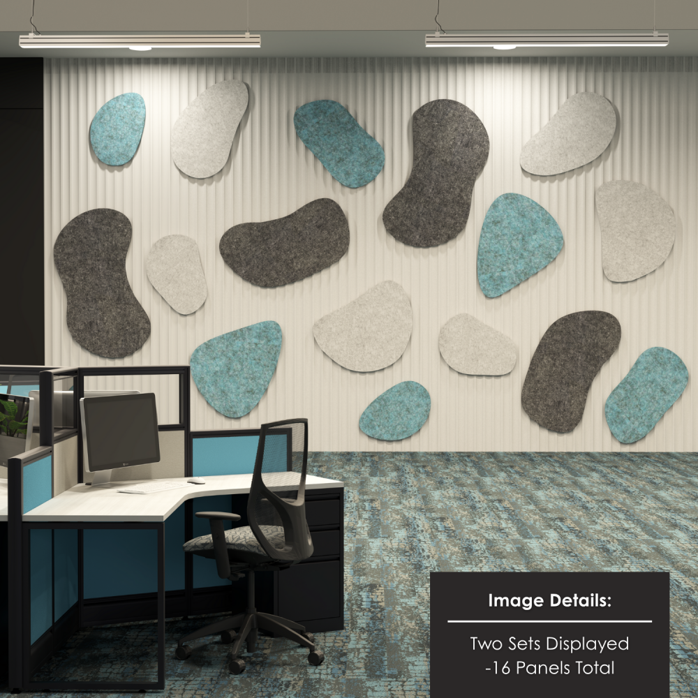 Set of 8 Pebble acoustic panels arranged on interior wall.