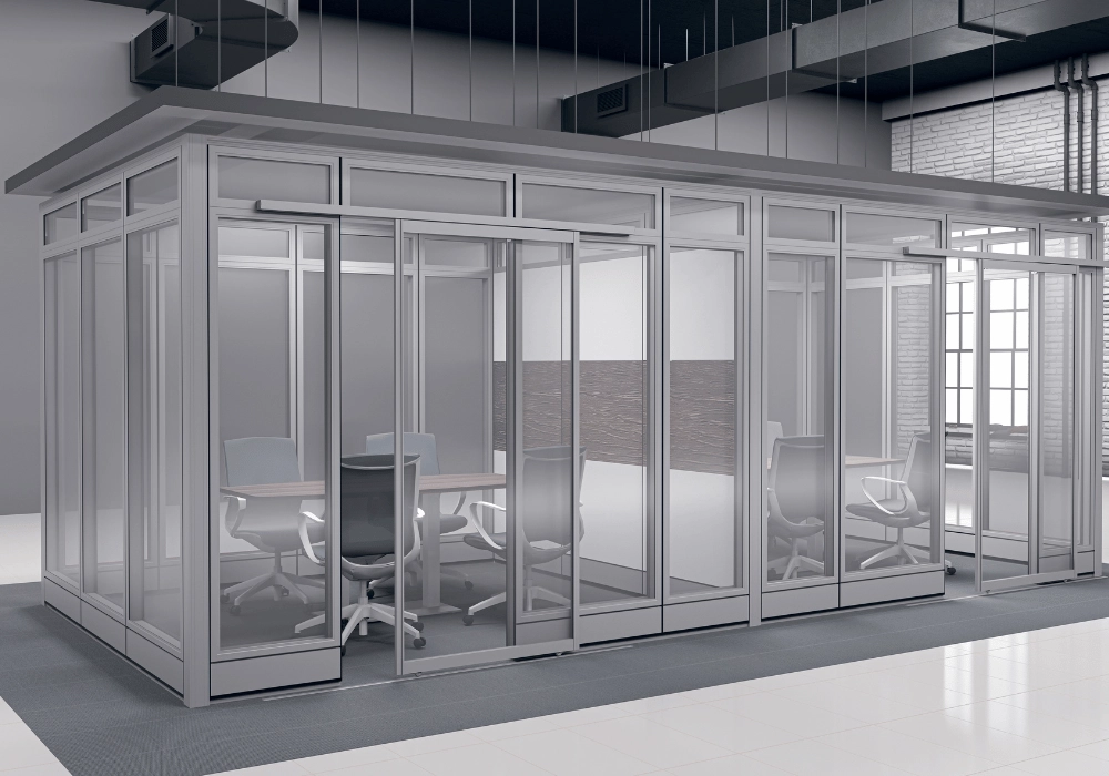 Glass partition walls for cubicles in modern offices.