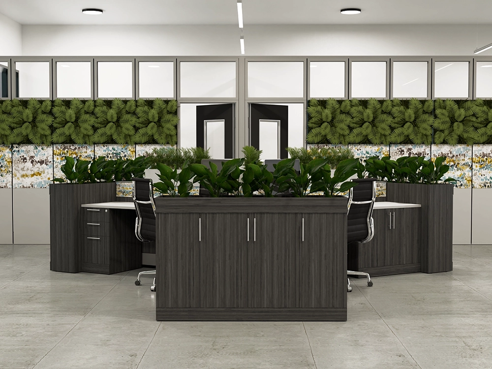 Modern demountable office wall system with integrated planters and modular workstations.