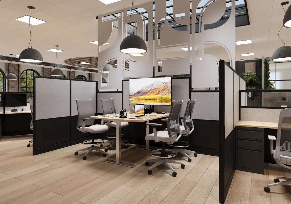 Modular workstations with partition walls for small to large teams.