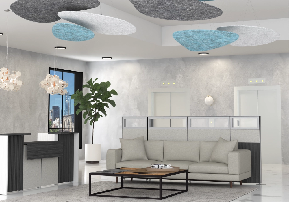 Hanging acoustic pebble shaped panels in waiting room.