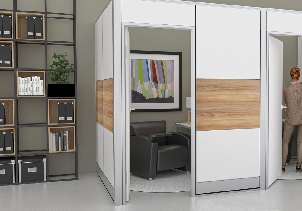 Open office layout with modular workstations and low office partitions