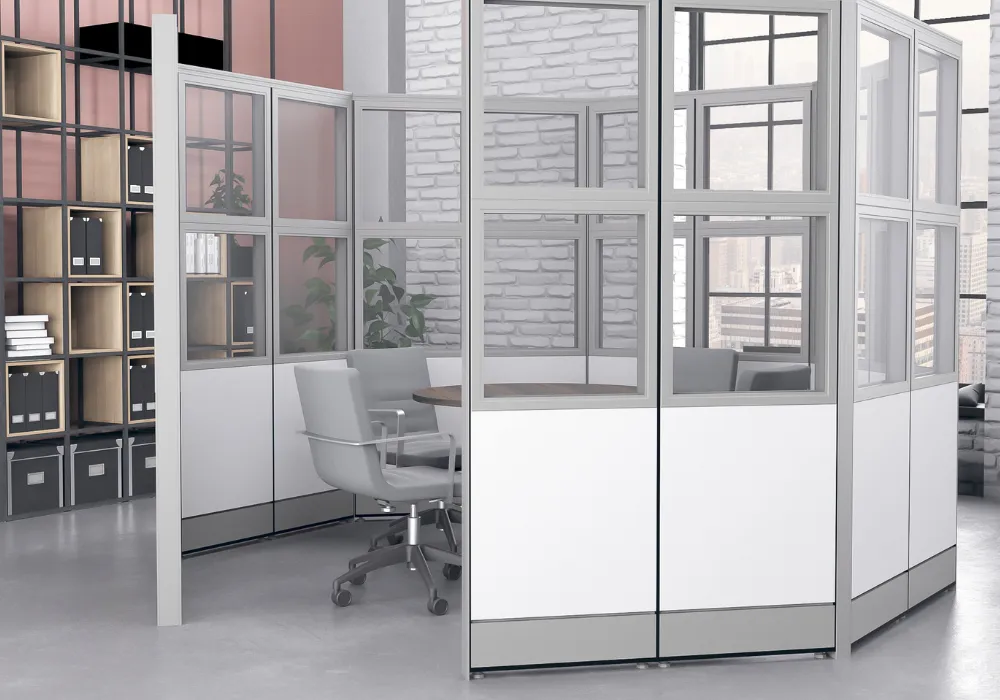 Modular cubicle workspace featuring the Skutchi Sapphire wall system for flexible office layouts