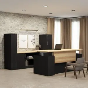 Modern Executive Workstation Desk with Credenza and Storage Towers